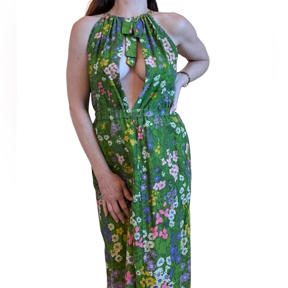 Vintage 70s Deep V Floral Green Maxi Dress - Picture 11 of 15